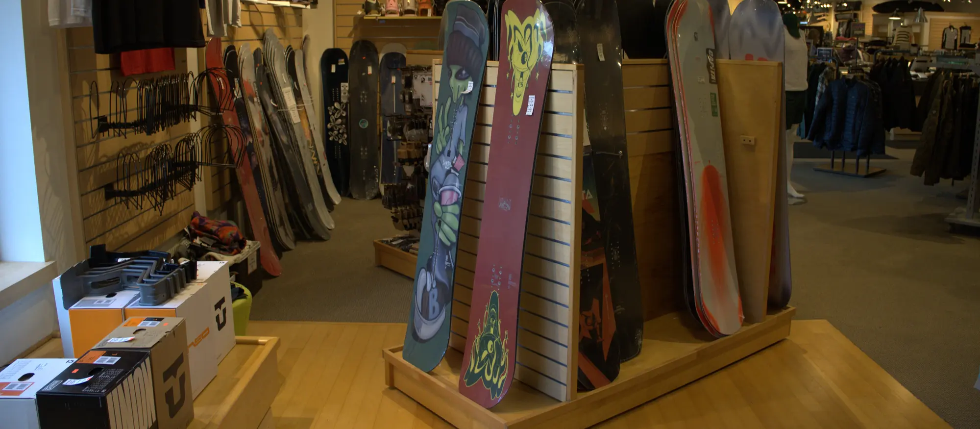 This season's snowboards on display at the Mequon shop.