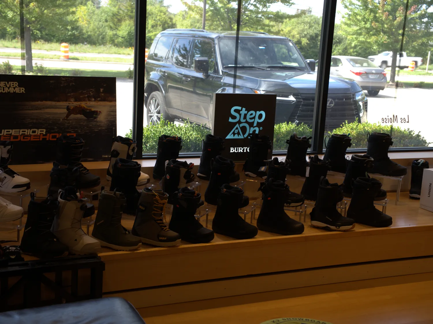 Snowboard boots on display at the Mequon shop, including Burton Step On.