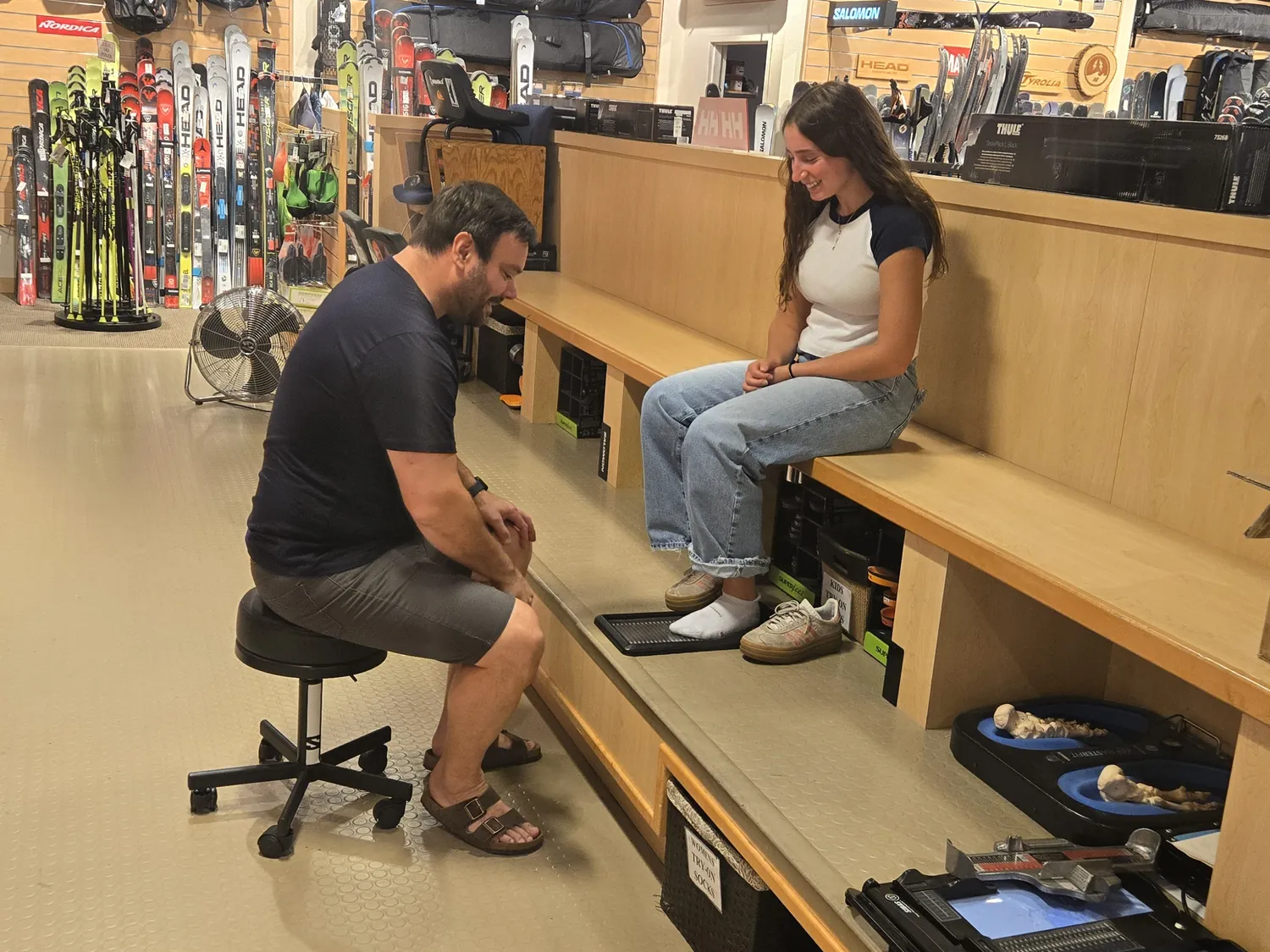 A boot fitting in progress on the fitting bench at the Mequon shop.