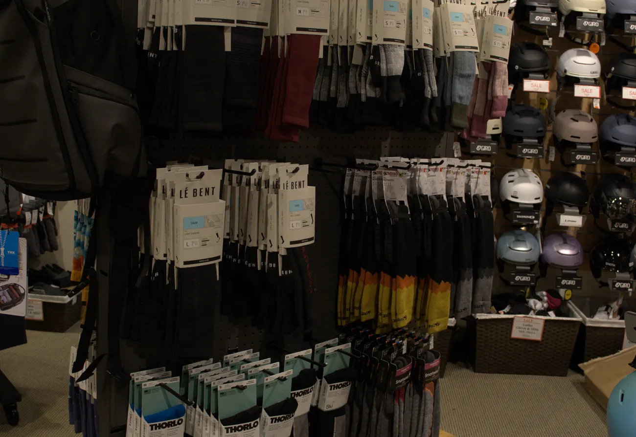 Socks, gloves and base layers at the Mequon shop.
