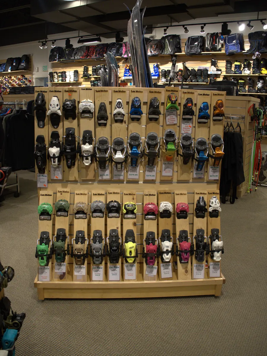 Ski bindings on the display board at the Mequon shop.