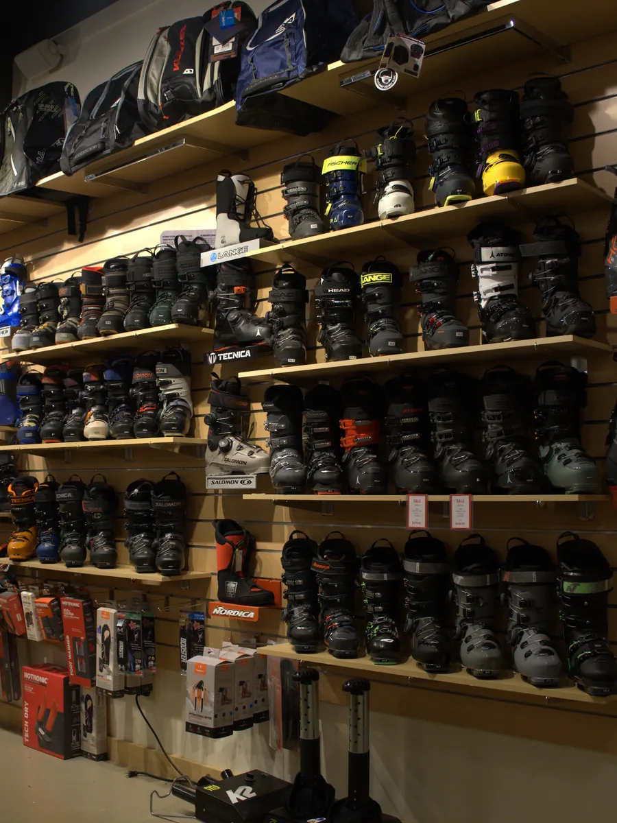 Ski boots on the shelves at the Mequon shop.