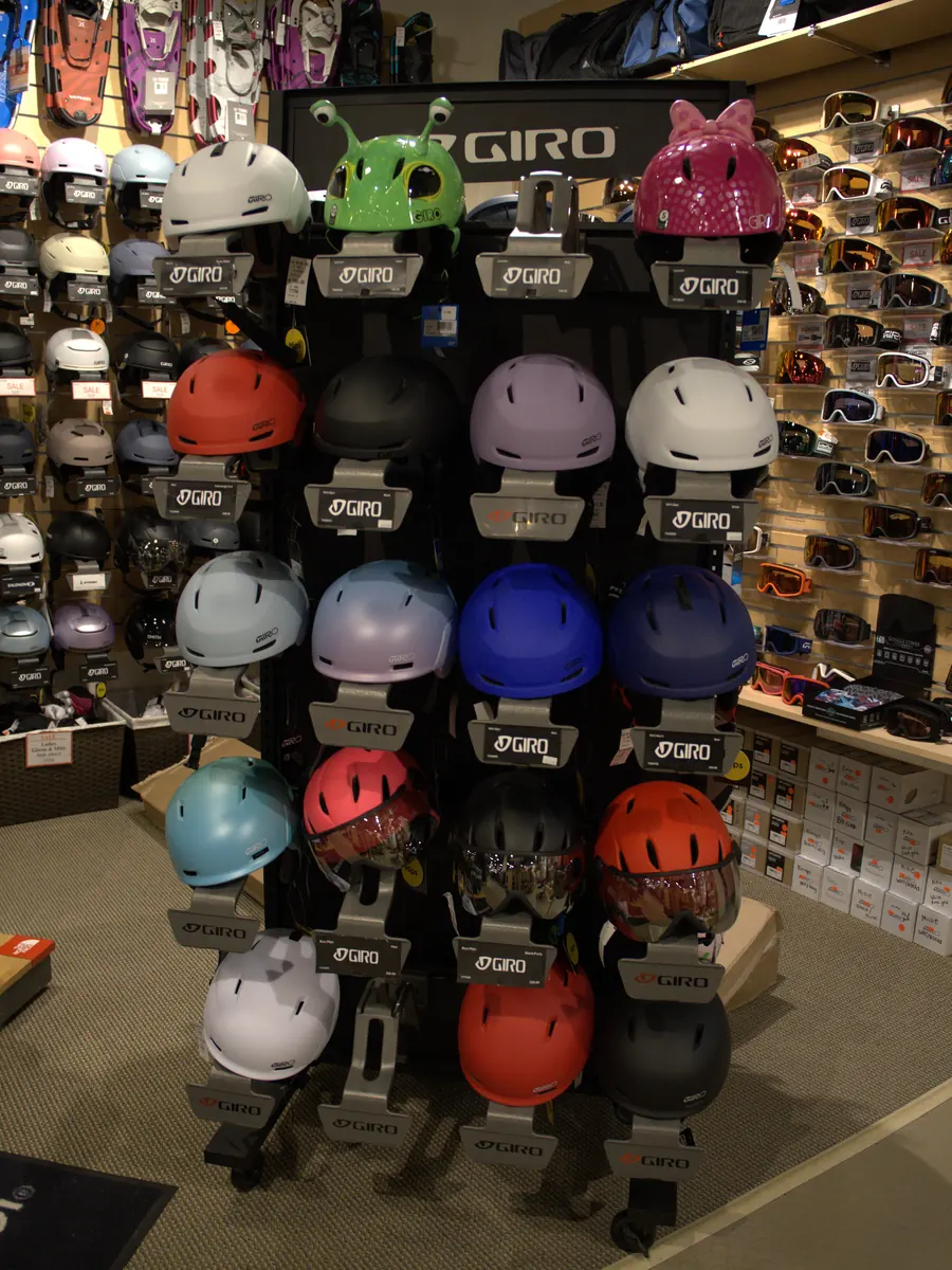 Ski and snowboard helmets at the Mequon shop.